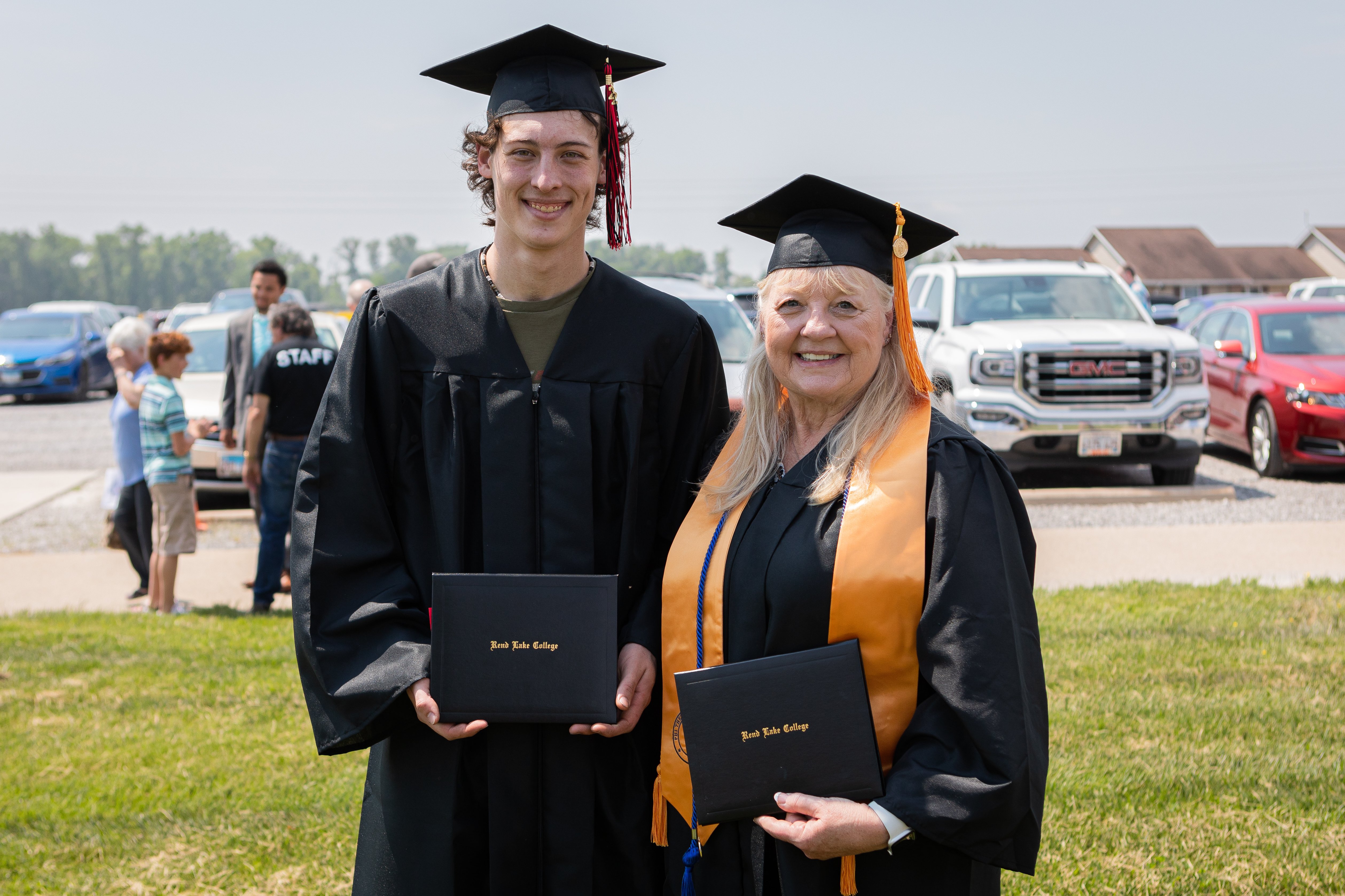 (Rend Lake Grandmother and Grandson duo celebrating their achievement together. (L) Austin Morgan (Belle Rive) - Associate in Applied Science Automotive Technology and (R) Cathy Pilson (Belle Rive) - Associate in Arts Degree.