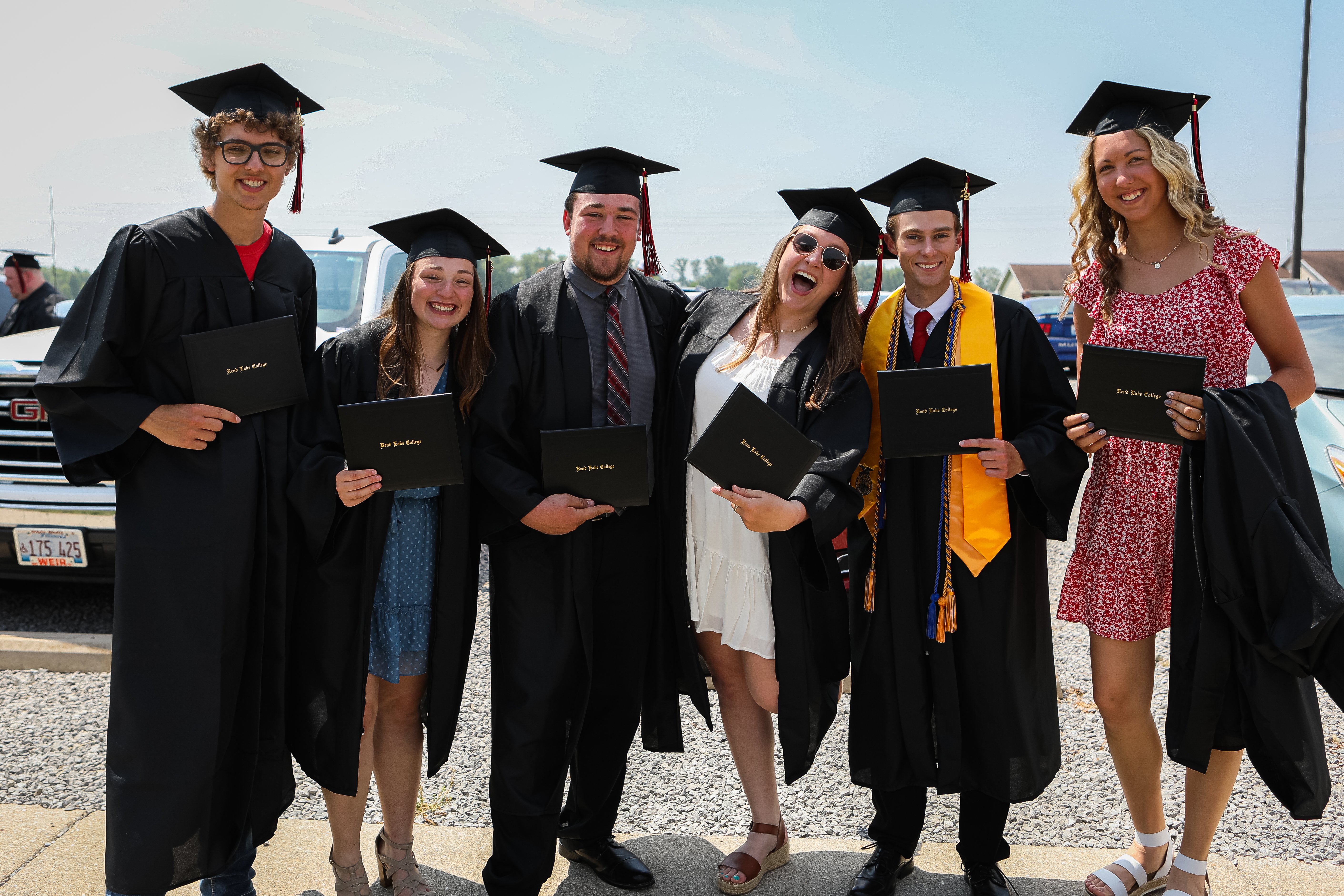 (Proud Rend Lake College graduates show off their diplomas. (L-R) Jesse Fedderke (Steeleville), Jesse Haudrich (Waterloo), Jacob Crews (Pinckneyville), Rhett Ellis (Mount Vernon), Sarah Birchler (Coulterville), Megan Hallemann (Sorento).)